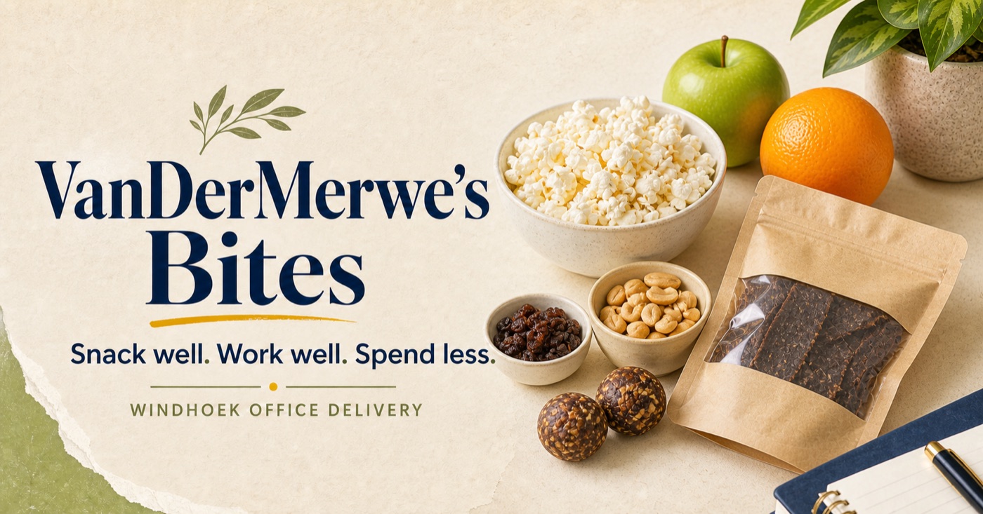 Popcorn, nuts, date bites and biltong VanDerMerwe’s Bites office advert