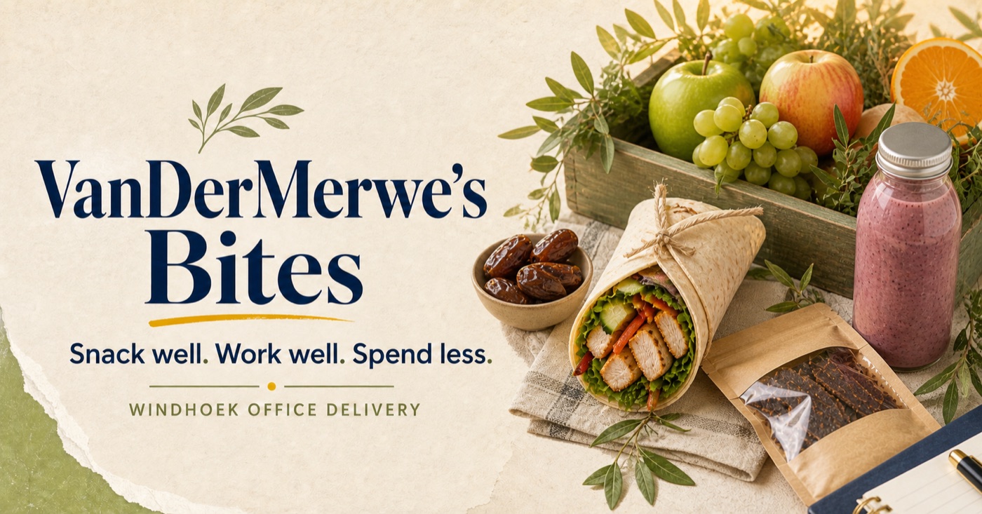 Locally sourced fruit, wrap, smoothie and biltong VanDerMerwe’s Bites advert